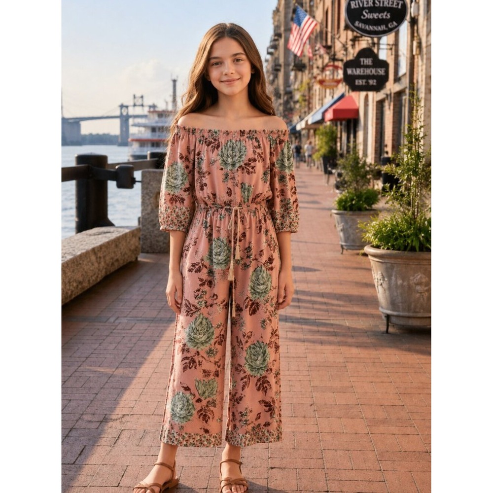 Angie‎ Pink and Green Floral Jumpsuit Girl's Size Large